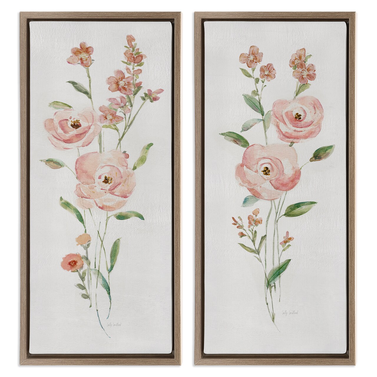 Stupell Industries Simple Pink Watercolor Flowers 2 pc Framed Floater Canvas Wall Art Set Design by Sally Swatland